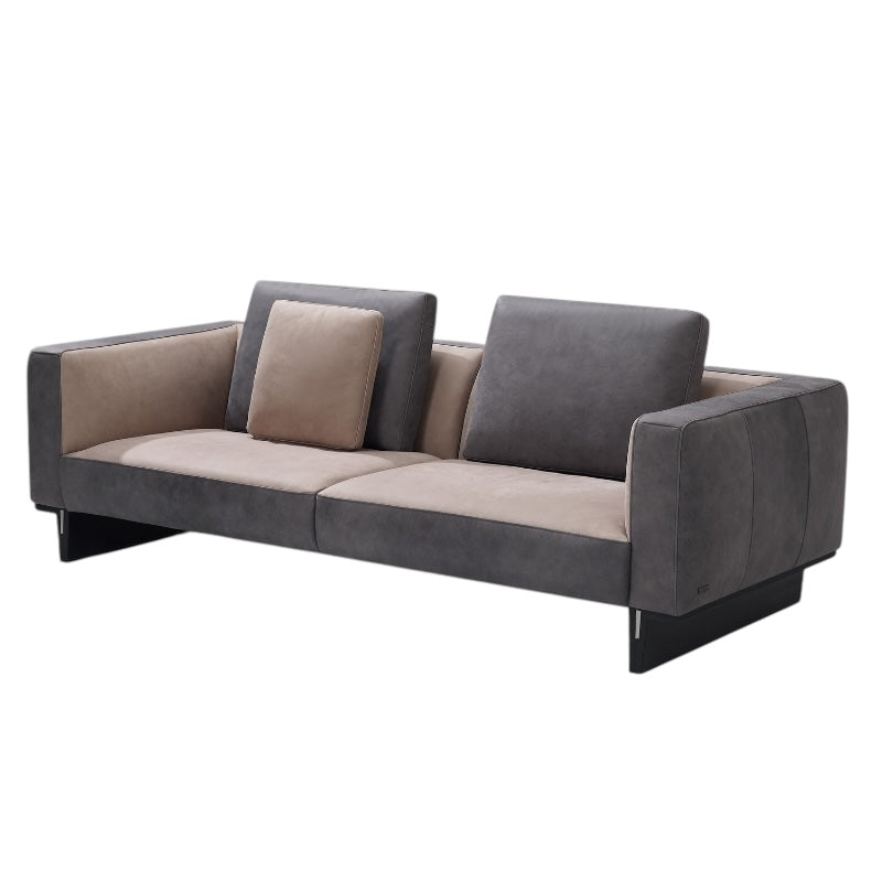 Gray sofa with beige cushions on a white background