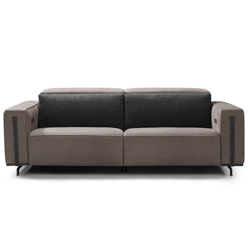 Gray sofa with black cushions on a white background