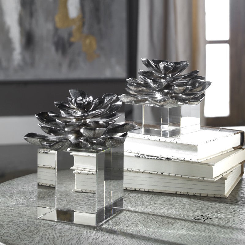 Indian Lotus - Metallic Flowers (Set of 2) - Silver
