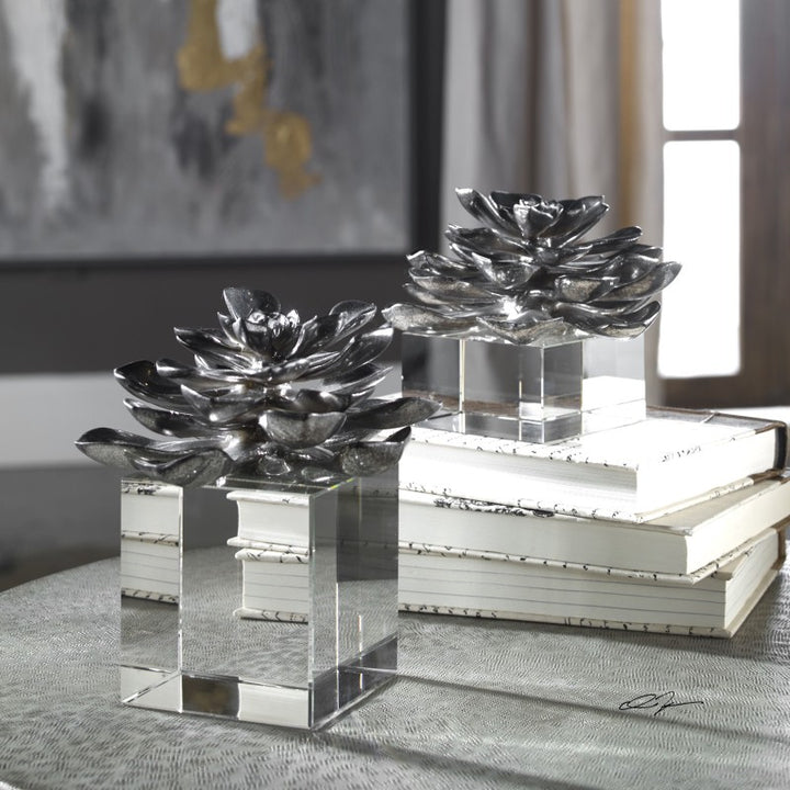 Indian Lotus - Metallic Flowers (Set of 2) - Silver
