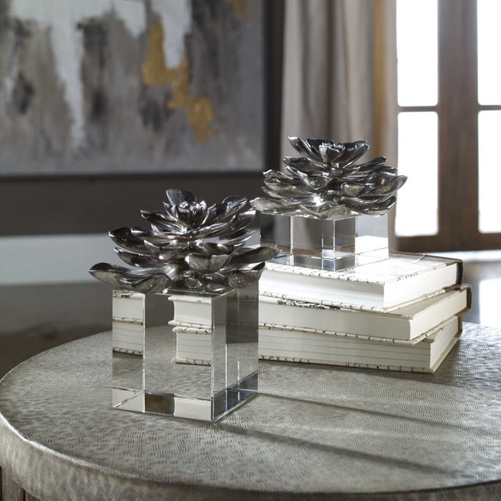 Indian Lotus - Metallic Flowers (Set of 2) - Silver