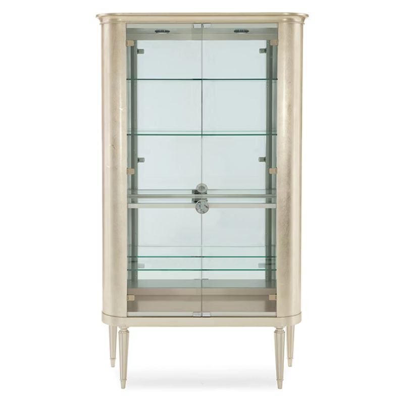 Tall glass display cabinet with a gold finish on a white background
