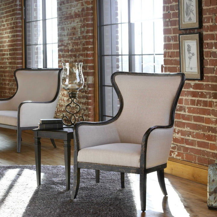 Sandy - Wing Back Armchair - Beige & Dark Brown