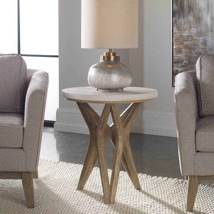 Marnie - Limestone Side Table - White & Light Brown