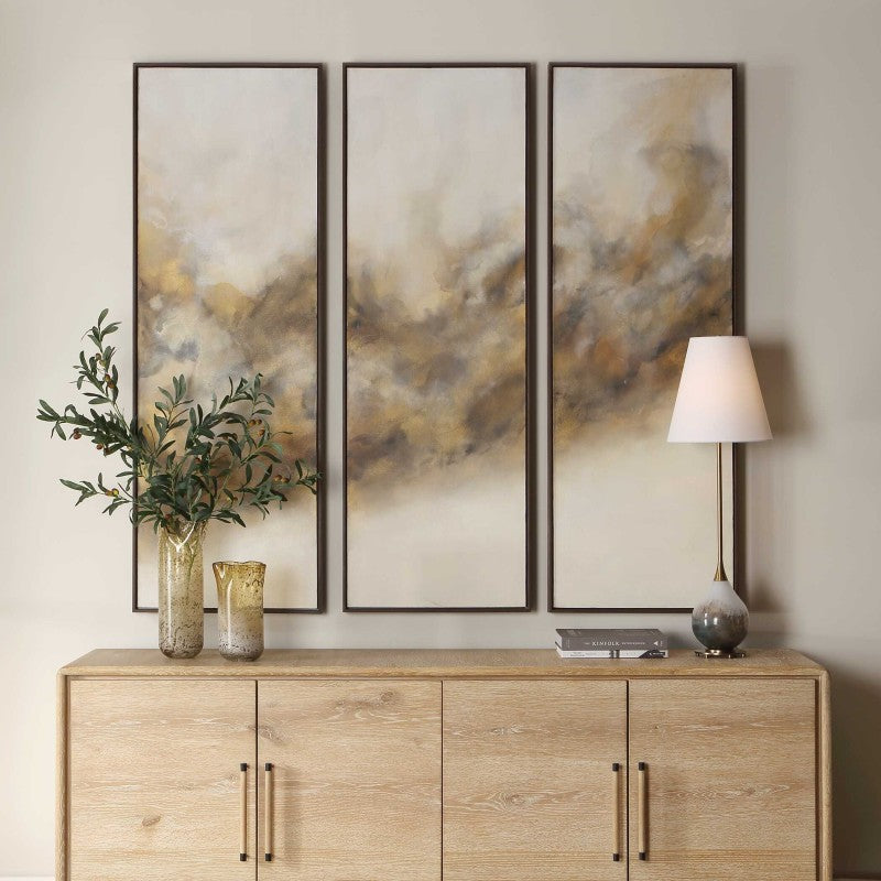 Smoke Break - Hand Painted Modern Art (Set of 3) - Black / Gray / Orange / Woodtone / Yellow
