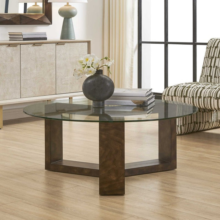 Ignis - Round Glass Coffee Table - Brown / Woodtone