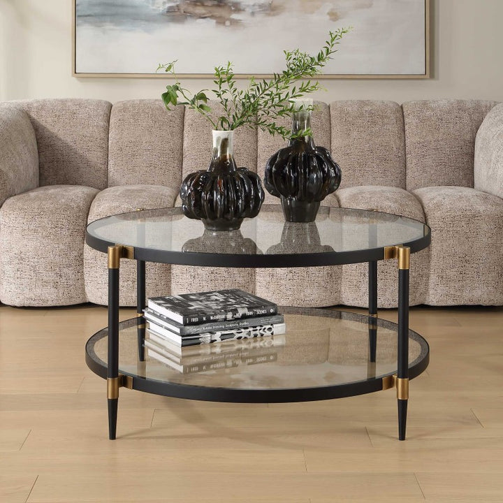 Chadid - Round Glass Coffee Table - Black / Gold