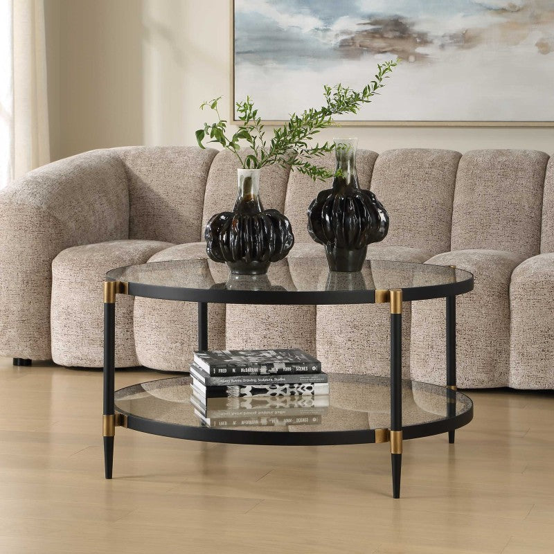Chadid - Round Glass Coffee Table - Black / Gold