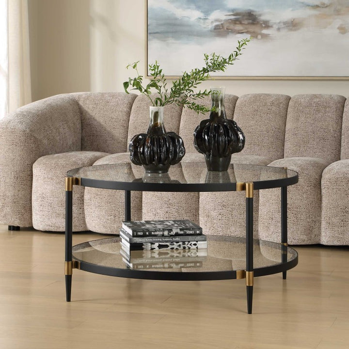 Chadid - Round Glass Coffee Table - Black / Gold
