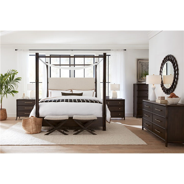Retreat - Pole Rattan California King Upholstered Poster Bed With Canopy - Black