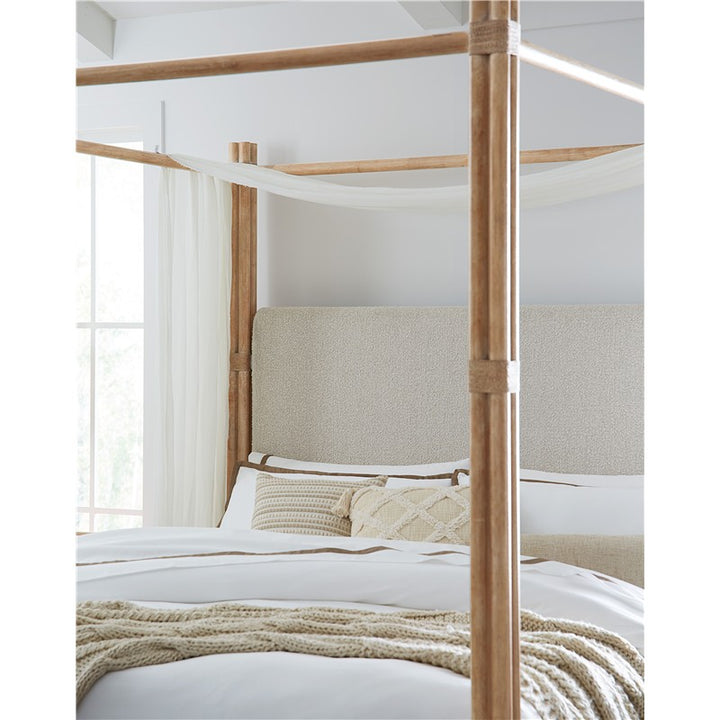 Retreat - Pole Rattan King Upholstered Poster Bed With Canopy - Beige