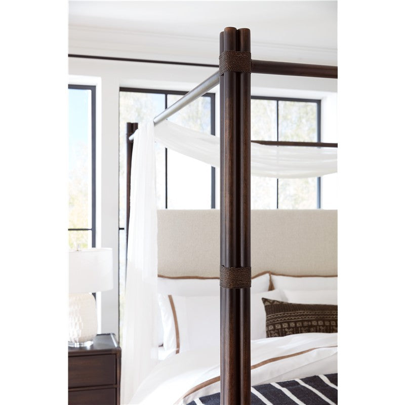 Retreat - Pole Rattan King Upholstered Poster Bed With Canopy - Black