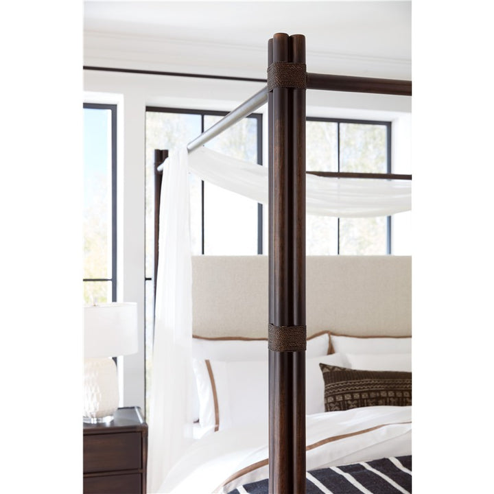 Retreat - Pole Rattan King Upholstered Poster Bed With Canopy - Black
