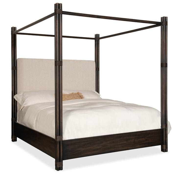 Retreat - Pole Rattan King Upholstered Poster Bed With Canopy - Black