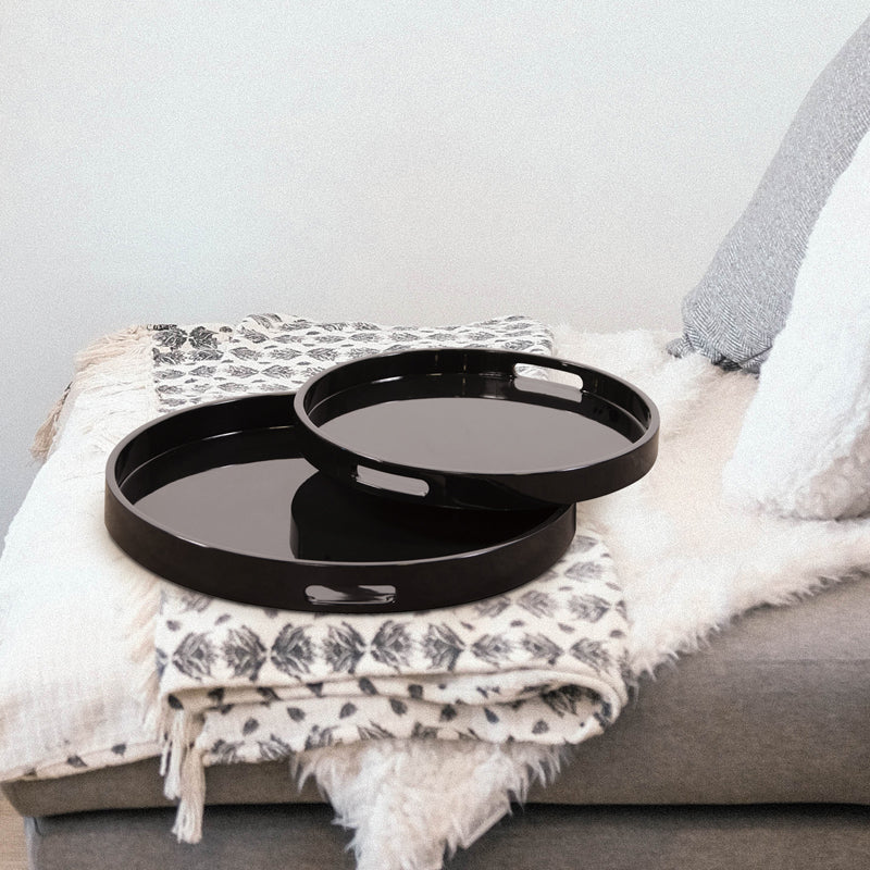 Lacquer Round Wood Tray Set