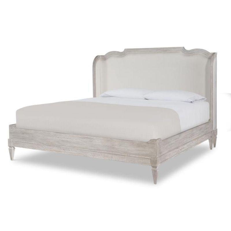 Wooden bed with white bedding on a white background