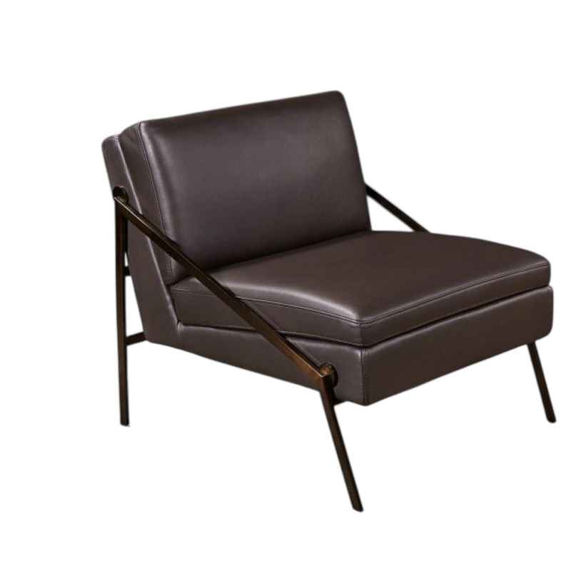 Brown leather armchair with metal legs on a white background