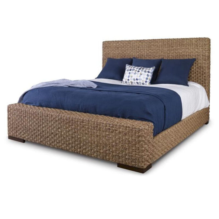 Abaco Rope Woven King Bed with blue bedding and white background