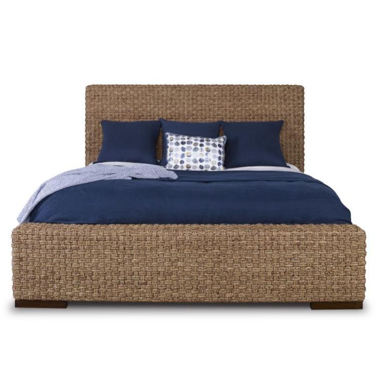 Abaco Rope Woven King Bed with Blue Bedding on White Background