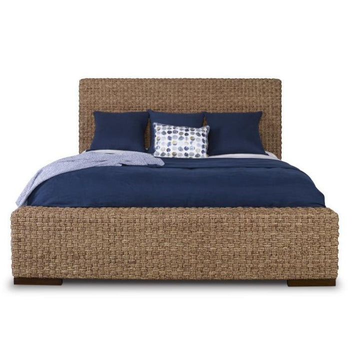 Abaco Rope Woven King Bed with Blue Bedding on White Background