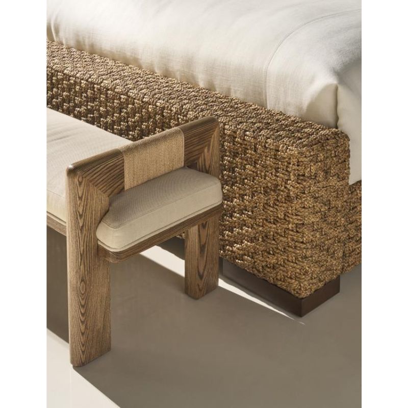 Wooden Bench with Beige Fabric at foot of Abaco Rope Woven Footboard.