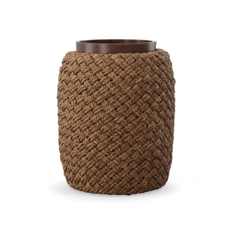Brown woven cylindrical end table on a white background