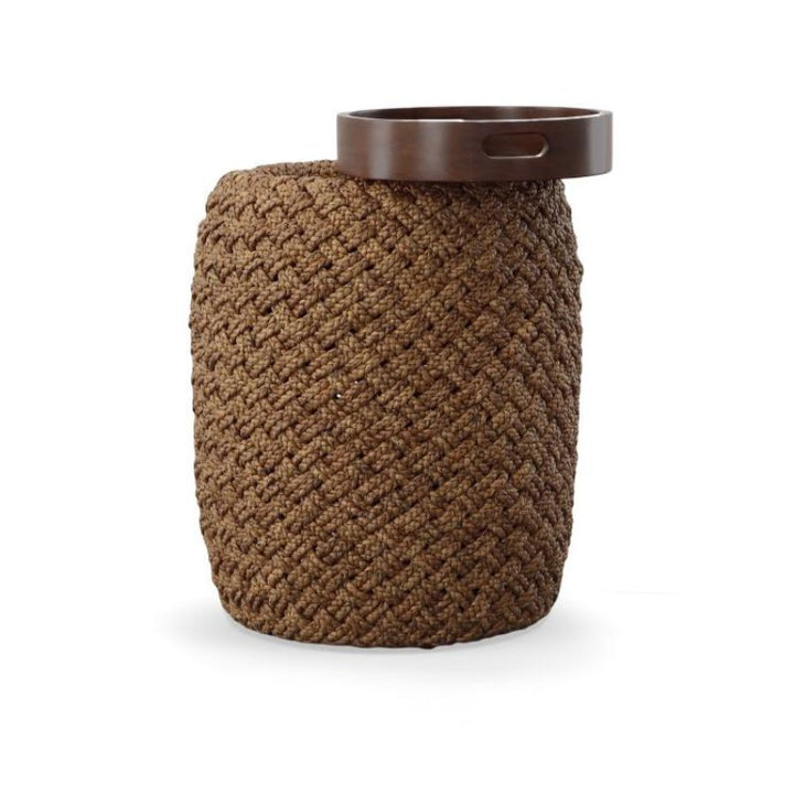 Brown woven basket with a removable wooden tray on a white background