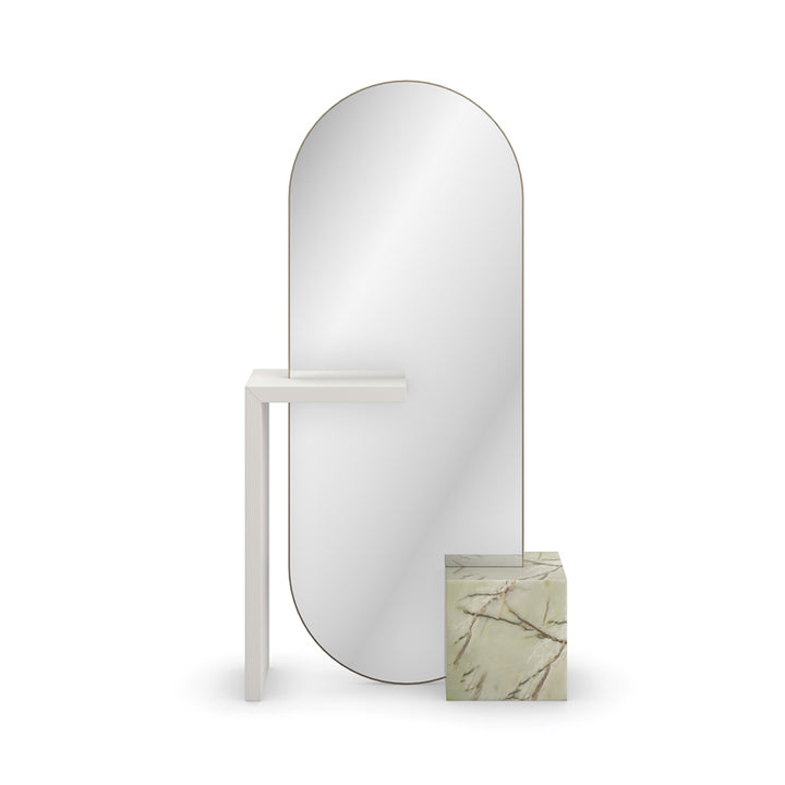 Modern oval mirror on a white stand with a marble cube on a white background