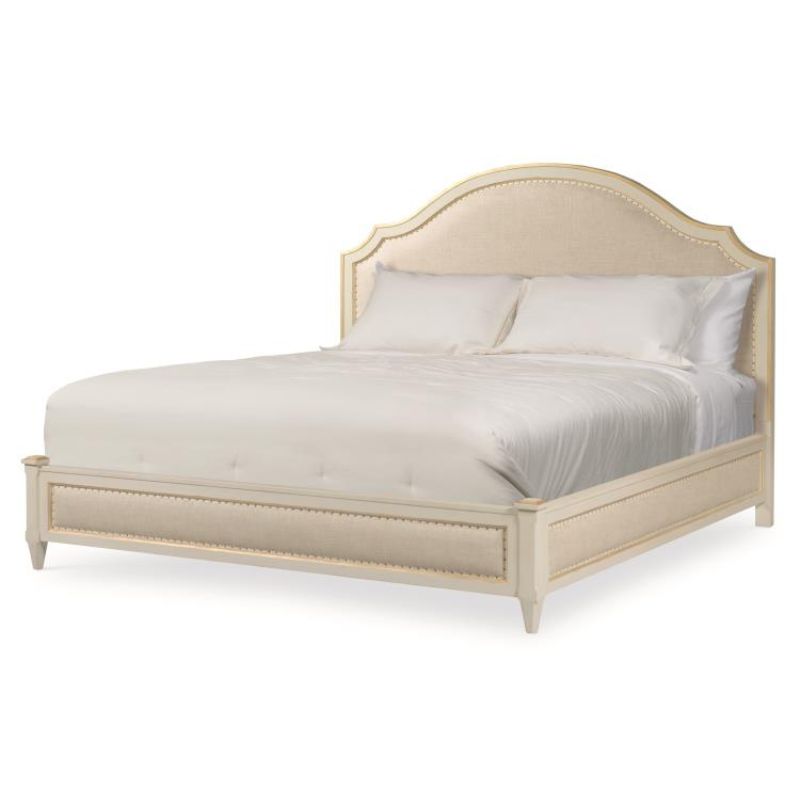 Beige bed with white bedding on a white background